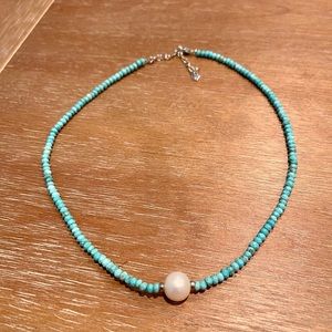 Genuine turquoise and freshwater pearl sterling silver necklace 16”